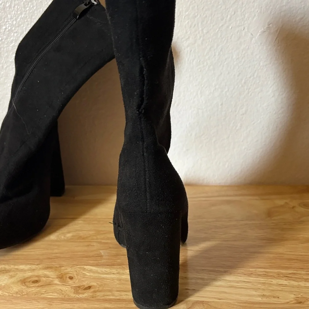 Women's Black Suede Pointed Toe Block Heel Ankle Boots Zip Up